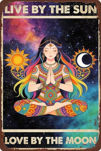Yoga & Spiritual Tin Sign,Live By The Sun Love By The Moon Metal Sign Vintage Plaque Yoga Studio/Meditation Room Wall Decor Gifts, Boho Bedroom/Spiritual Space Wall Art 8x12 Inch