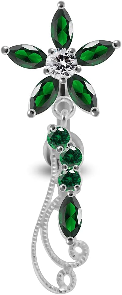 Fancy Filigree Flower Reverse Bar Dangling Design 925 Sterling Silver with G23 Grade Titanium Belly Ring - Belly Button jewelry - Navel jewelry