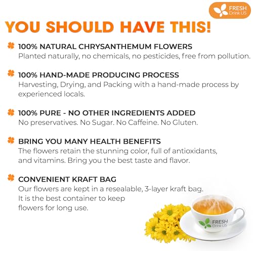 Image of FreshDrinkUS, Premium 5oz Chrysanthemum Flowers, 100% Natural & Pure Chrysanthemum Flower Dried, Chrysanthemum Herbal Tea, No Additives, No Caffeine, Vegan