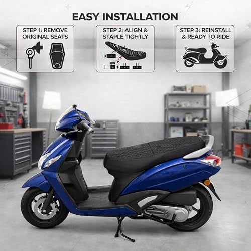 Image of Neodrift Premium Scooty Seat Cover - Universal Scooty Seat| All Black | Anti-Slip & Shock-Absorbing Design | Water-Resistant Fit | Strip Cushioning | Professional Fit | Nappa Art Leather
