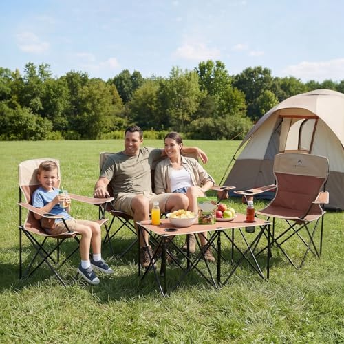 Camping Chair Set of 4,Outdoor Folding Lawn Chairs with Table for Adults,Heavy Duty Collapsible Chair Include One Sofa Chair and Two Single Chairs and Camping Table for Travel Sport Picnic,Moca - Image 2