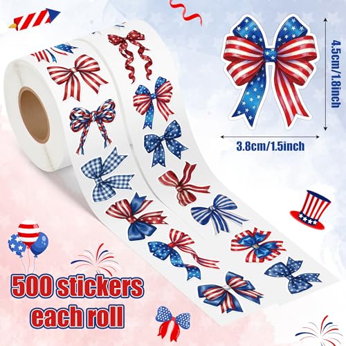 Image of Patriotic Bow Stickers Roll - 16 Unique Red White Blue Vinyl Self Adhesive Durable Waterproof Decals for Scrapbooking Laptop Water Bottle Independence Day 4th of July Party Craft Supplies