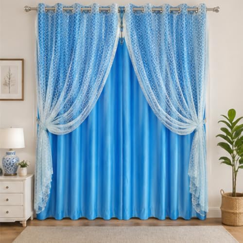 Image of Double Curtains 2 in 1 Embroidery Transparent with 80% Blackout Curtain Best for Every Interior Living Room Door Curtain (Sky Blue, 9 feet Set 2)