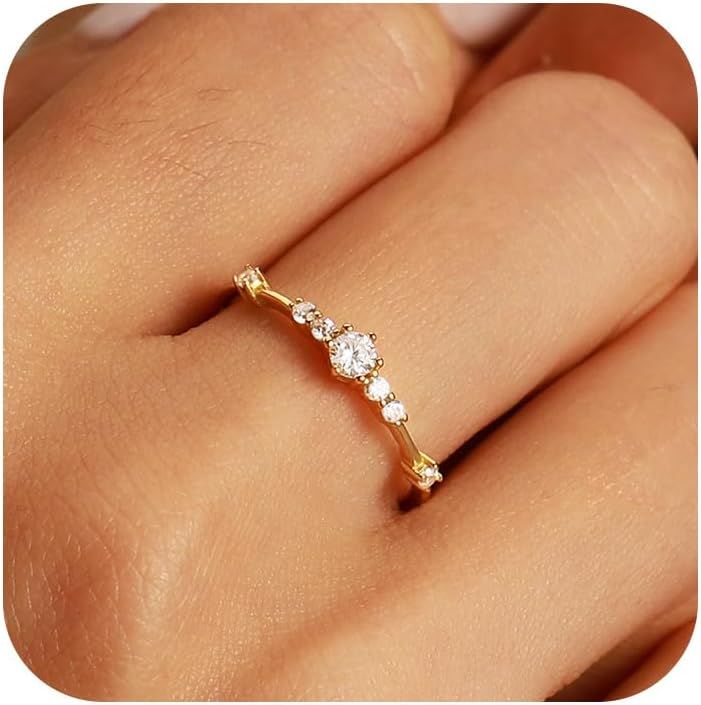 CZ Wedding Bands Ring for Women 925 Sterling Silver 14K Gold Plated Dainty Eternity Engagement Ring Statement Slim Ring Valentine's Day Wedding Jewelry Gift Size 6-9