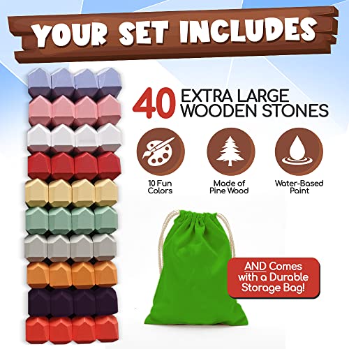 3 Bees & Me Wooden Stacking Rocks - 40 Xl Balancing Blocks & Stacking Stones For Kids & Toddlers - Sorting, Stacking, Building And Balance Stones Sets Game, Himiku Blocks Montessori Toys, Rock Blocks #TOP4