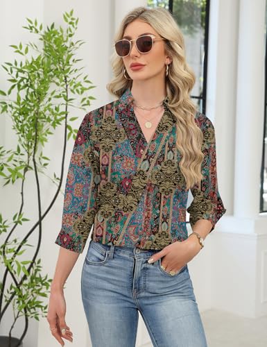 Image of LOMON 3 /4 Length Sleeve Womens Tops Dressy V Neck Collared Shirts Trendy Business Casual Work Blouses Vacation Outfits 2026