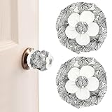 LLOUSSAK 2Pcs Door Knob Covers with Soft Foam Cushion, Black and White Floral Pattern Anti-Static Door Handle Covers, Reusable Round Cotton Door Knob Cover Protector Decoration