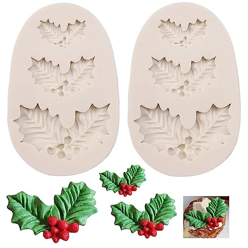 2 Pcs Holly Leaves Molds Silicone,Leaf Fondant Molds for Christmas Candy Chocolate Cake Decorating DIY Cupcake,Sugar Craft,Paste,Marzipan,Mousse,Cookies,Clay,Resin