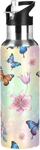 BPA-Free Sport Water Bottle Insulated 32 Oz, Insulated Stainless Steel Water Bottle with Straw for Gym Outdoor Travel School, Colorful Butterflies