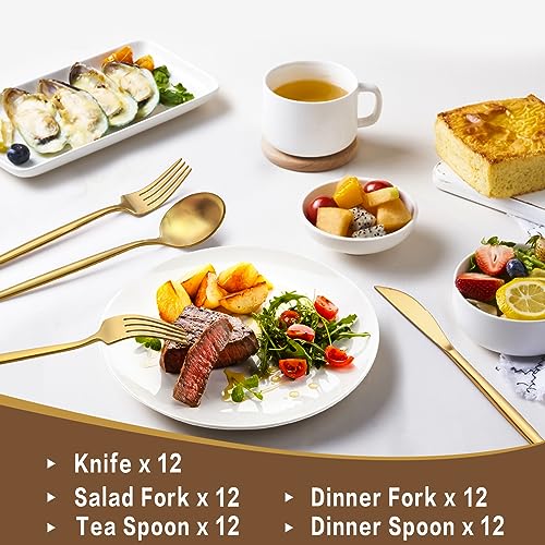 60-Piece Gold Silverware Set, Flatware Set for 12, Food-Grade Stainless Steel Cutlery, Includes Spoons Forks Knives, Kitchen Cutlery for Home Office Restaurant Hotel - Thumbnail 5