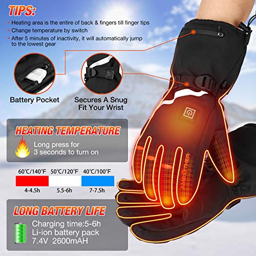 AMBOTHER USB Heated Gloves for Men Women Rechargeable Lithium Battery 3M Cotton Waterproof Temperature Settings Winter Electric Heated Motorcycle Gloves Ski Gloves for Ice Fishing Skating Hiking, L