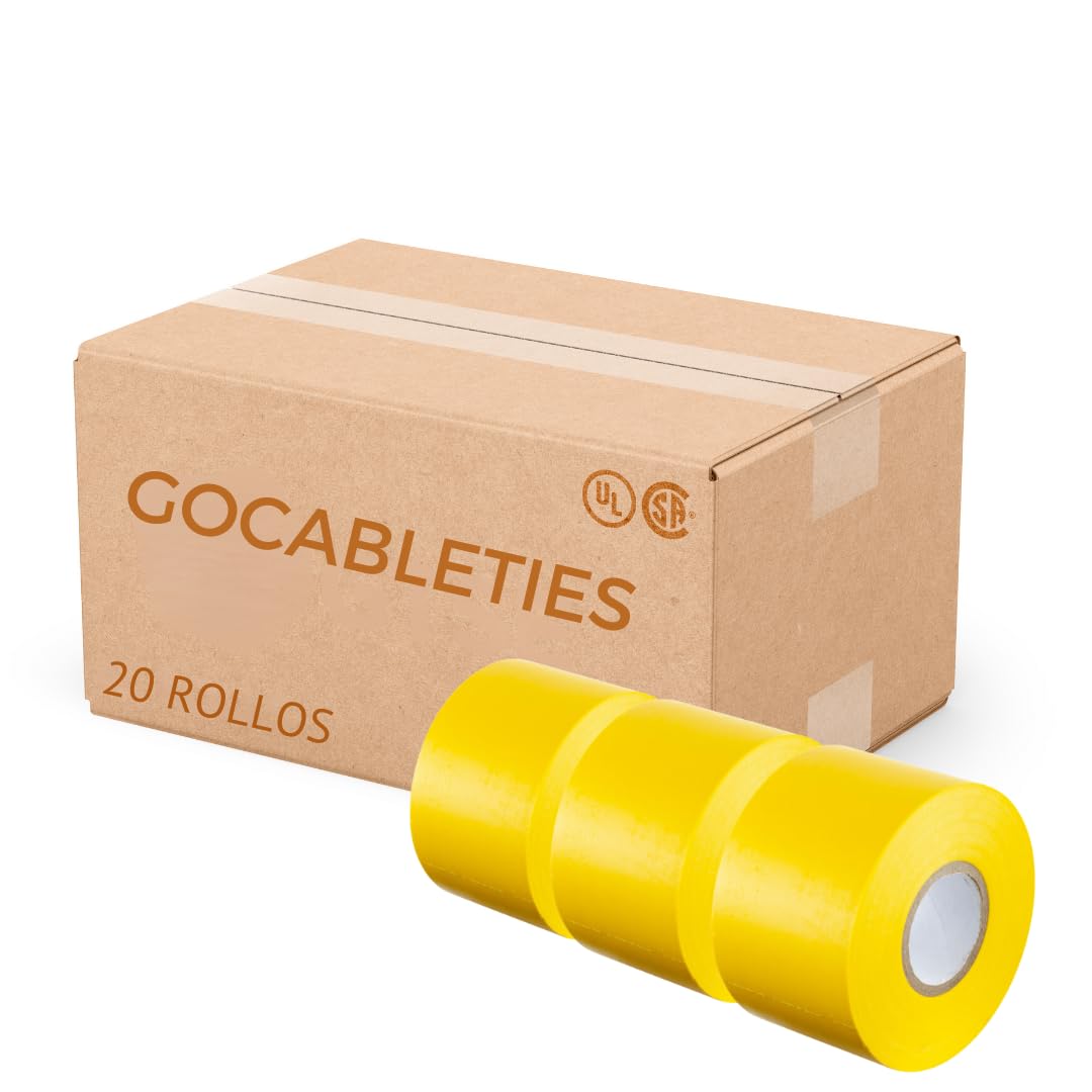 Gocableties Yellow Wide Electrical Tape, 50mm x 33m, 2" Strong Self-Adhesive PVC Insulation Tape for Insulating, Repairing and Protecting Electrical Wires, 20 Rolls
