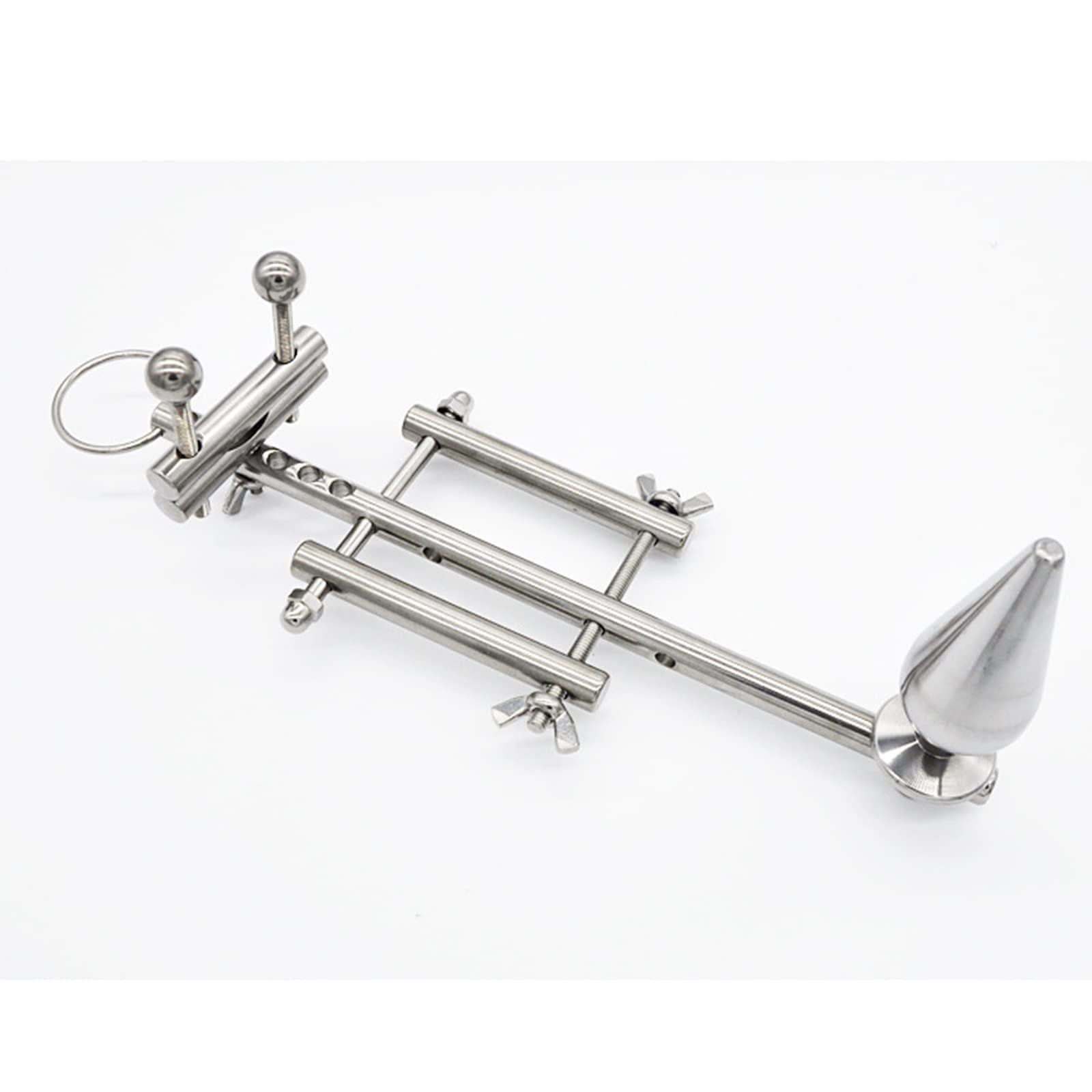 Plug anale con anello per il pene e pressa a sfera Tortura a sfera in acciaio inossidabile CBT Tortura per testicoli del pene Dispositivo regolabile SM Bondage Butt Plug Anello per pene Morsetto