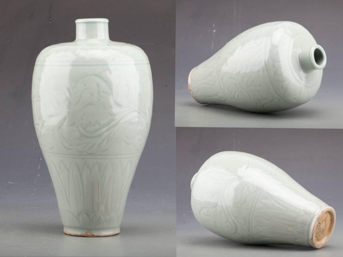 宋時代　龙泉官瓷　螺纹梅瓶 青磁 貫入 花瓶 陶磁器 古美術品 旧家蔵出し Amazon.co.jp: 宋時代 龍泉窯 青磁 刻花紋 梅瓶 ・古陶磁器 ・珍品旧蔵