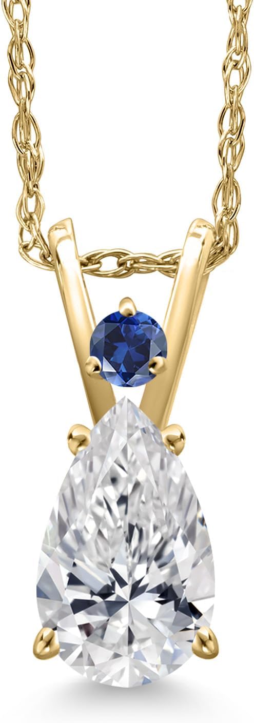 Gem Stone King 14K Yellow Gold Lab Grown Diamond and Blue Created Sapphire Pendant Necklace for Women | 0.75 Cttw | Gemstone April Birthstone | Pear Shape 8X5MM | With 18 Inch Chain