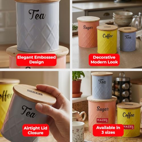 Image of HAZEL Tea Coffee Sugar Container Set of 3 with Airtight Wooden Lid