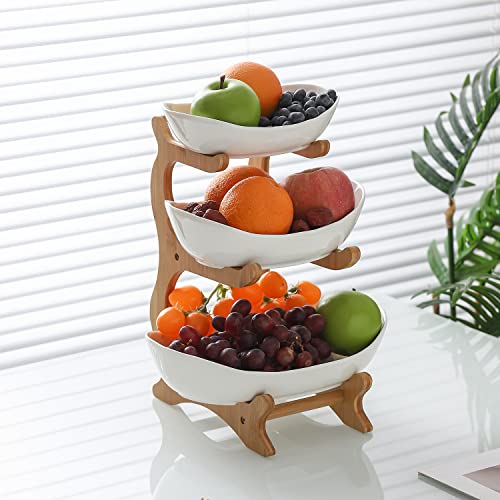 Frutero De Cerámica De 3 Niveles - Con Soporte Metálico Dorado, Juego De 3 Cuencos Apilables Para Fruta O Snacks
