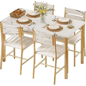 IRONCK Dining Table Set for 4, Wood Kitchen Table with Upholstered Chairs for Kitchen & Dining Room, Compact Dining Set for Small Spaces, White & Gold