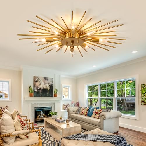Image of Gold Flush Mount Ceiling Light Fixture Modern 8 Light Ceiling Lighting Metal Chandelier for Kitchen Dining Room Farmhouse Bedroom Hallway Living Room