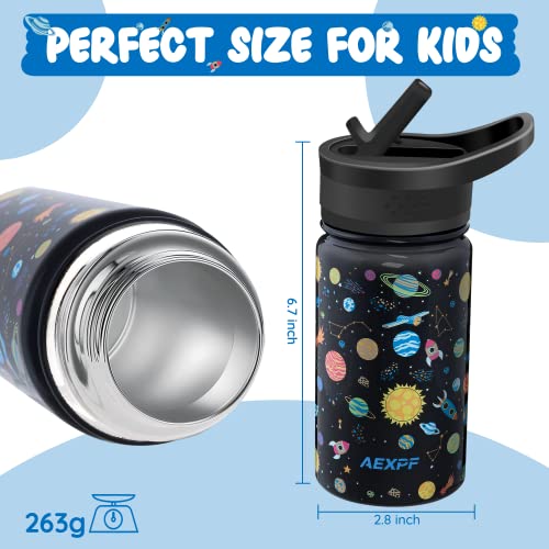 Aexpf Insulated Kids Water Bottle With Sleeve, 14 Oz Double Wall Vacuum Stainless Steel Leakproof Thermos Water Bottle With 2 Straw Lids, Portable Planet Pattern Kids Cup For School Travel Camping #TOP4