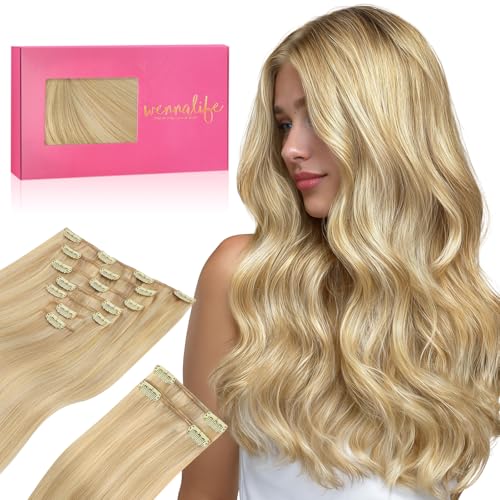 WENNALIFE Clip in Hair Extensions, 150g 16 Inch 9pcs Light Blonde Highlighted Golden Blonde Remy Hair Thicker Double Weft Extensiones De Cabello Humano Con Clip Ins Straight Full Volume