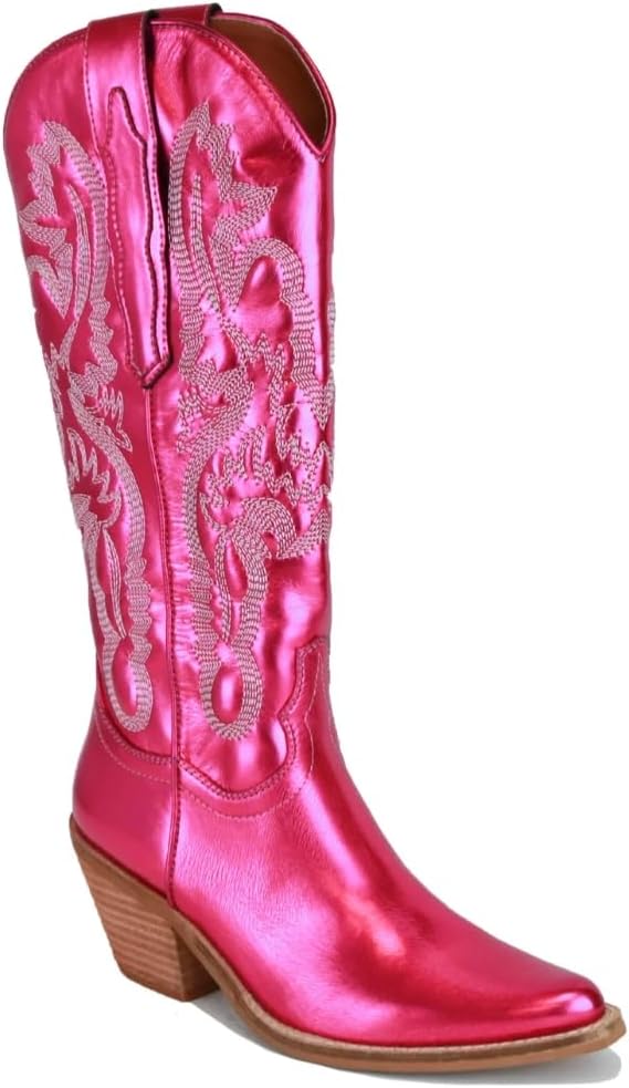 Women's Cowboy Boots Western Embroidered Boots Mid Calf Cowgirl Boots Chunky Heel Boots Pointed Toe Boots for Ladies Women