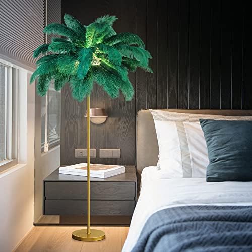 VORDERRY Natural Ostrich Feather Floor Lamp Gold Feather Floor Lamp for Living Room Decor Corner Floor Lamp with Feather lampshade Dimmable Floor Standing Lamp for Bedroom Study Office (Green)