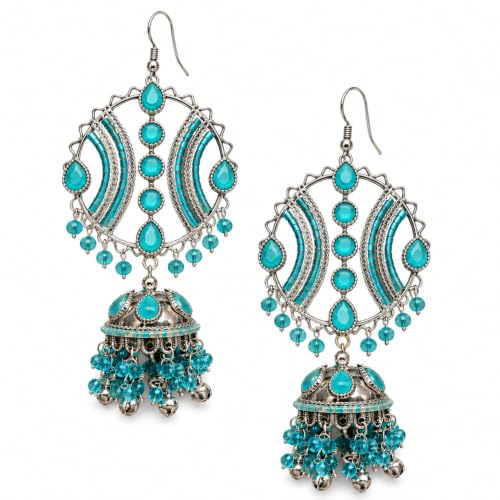 Image of Vintage Style Blue Jhumkas, Oxidised Silver, Traditional Design with Beaded Drops for Women & for Girls, Maula mere maula song inspired earrings