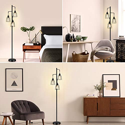 Industrial 3-Light Tree Floor Lamp With Cup-Shaped Cages Farmhouse Rustic Tall Standing Lamp For Living Room Vintage Elegant Black Pole Light With Edison E26 Base Metal Shade For Bedroom Office Hotel #TOP6