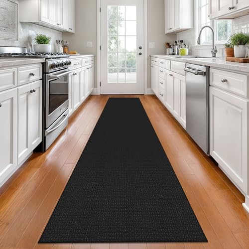 KOZYFLY Long Runners for Hallways 2x12 ft Washable Kitchen Runner Non Slip Rubber Backed Hallway Rugs Cotton Entryway Runner Rug Floor Carpet for Indoor Hall, Backdoor, Kitchen, Black/Dark Grey