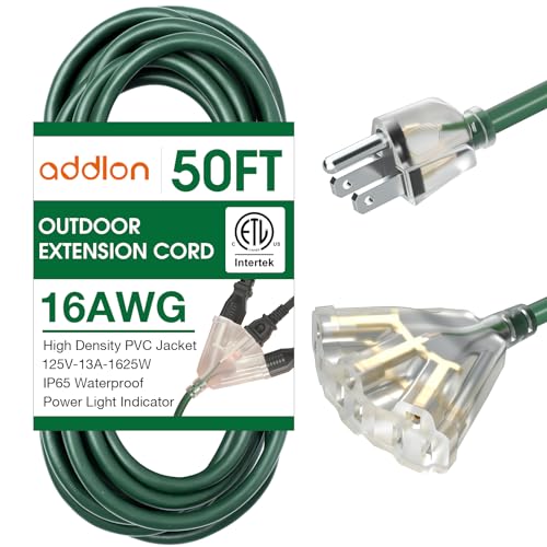 addlon 50FT 16/3 Lighted Outdoor Extension Cord with 3-Plug Outlet, Heavy Duty Extension Cord with...