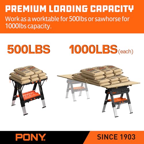 Pony Portable Folding Work Table, 2-in-1 as Sawhorse & Workbench, 31” W×25” D×25”-35”H, Large Load Capacity with 4pcs Clamps, 4pcs Bench Dogs by PONY - Image 5