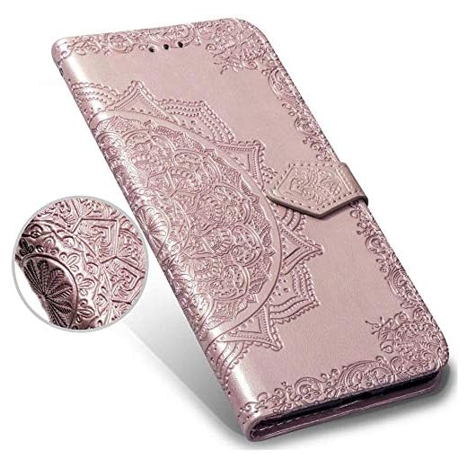 Robinsoni Fodral kompatibelt med Huawei Y5 2019 retro fodral glansigt PU-läder plånbok skydd påkostat glitter mandala tryckt bokfodral TPU silikon inre fodral folio flip ställ magnetiskt fodral roséguld