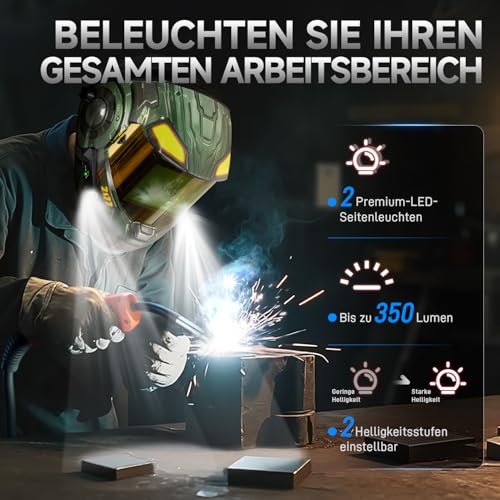 ANDELI 180° Panorama Schweißhelm mit volldigitalem Auto-Dunkel-Filter – 18,3 x 8,1 cm True Color 1/1/1/1, 2 LED Bewegungssensor, 1500mAh Akku + Solar, USB-C, 1/30000s, DIN16 für MIG/MAG/Wig/E-Hand