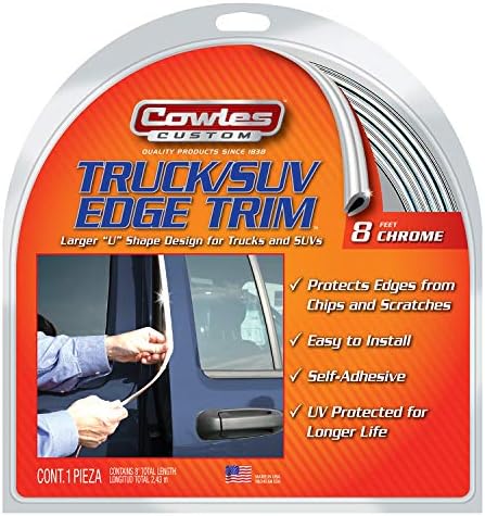 Cowles S37204-8 Feet of Chrome Truck/SUV Door Edge Guards, U-Shape PVC Edge Trim Stays on with Self Adhesive Hot Melt Glue Protects from Scratches/Dings and Opening into Walls or Other Cars