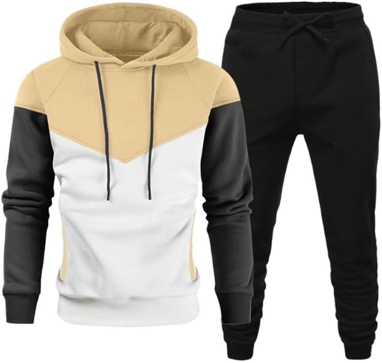 Men Plunge Splicing Hoodie Sweater Suit Casual Long-sleeved Sports Suit for Adult