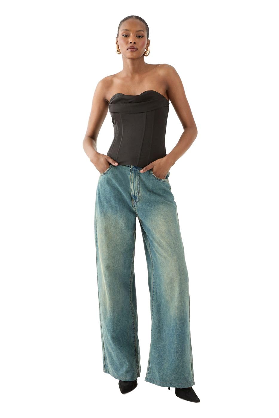 Misspap Satin Bandeau Draped Corset Top, 14, Black