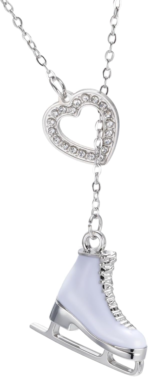 Skater Necklace for Women Ice Skate Heart Pendant Y Necklace for Ice Skating Lover Christmas Stocking Stuffers