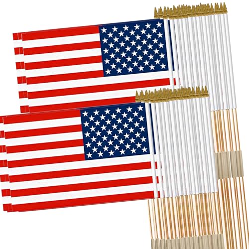 American Flags on Stick, 12x18 Inch 50 Pack Handheld US Stick Flags with Adjustable Pole, Safe Round Spear Top Small American Hand Flags for Sports Events & Holiday Celebrations by FLAGMESAGE - Used condition - US$39.55