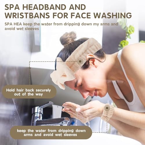 Image of Spa Headband and Wristband Set, Face Wash Headband Makeup Skincare Headband Wrist Bands Washing Face for Preppy Skincare Women Girl (Cream,Pink)