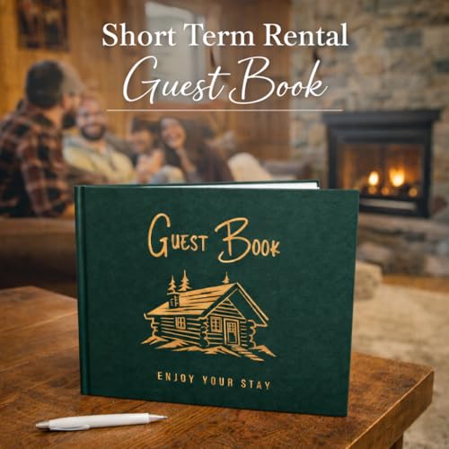 Image of Paper 'n Such Cabin Guest Book for Airbnbs and Vacation Homes- Forest Green Linen Hardcover - Guest Sign in at Short Term Rentals