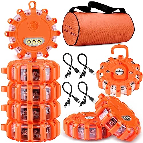 Tobfit 8 Pack USB-C Rechargeable LED Road Flares Roadside Emergency Car Kit, Emergency Lights for Vehicles Flashing Flare Beacon Disc with Magnetic Base & Hook, Carrying Bag, Type-C Cable Included