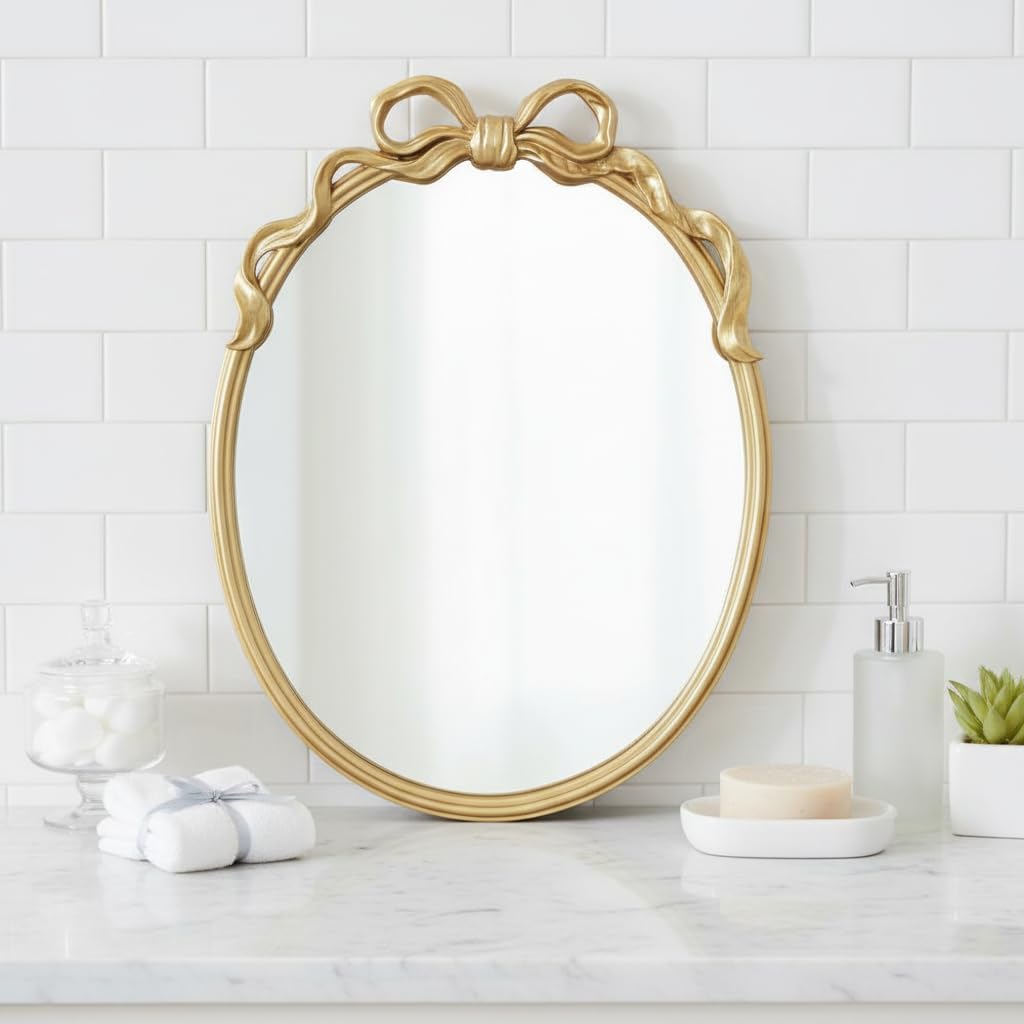 Oval Wall Mirror with Gold Finish, Iron Frame with Decorative Bow Design, Elegant Vintage Style