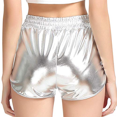 Pesion Women's Metallic Rave Shiny Shorts Booty Hot Yoga Dance Disco Pants, Silver Medium #TOP1
