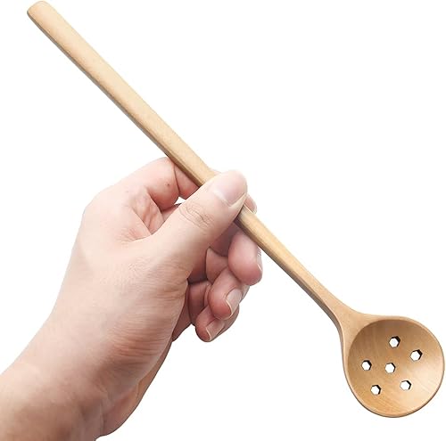 Miniatura 6 de 1 cuchara de madera de olivo, 11 pulgadas, estilo coreano, mango largo, cucharas redondas ranuradas de madera para mermelada de oliva