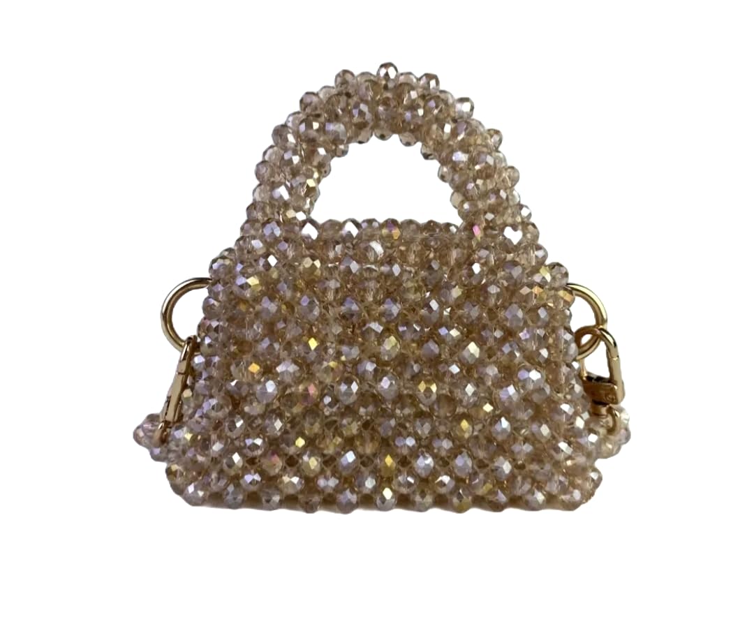 Crystal Beaded Mini Handbag, Gold Hardware, Champagne Colour, Evening Clutch Purse party wedding gift solving-image-21
