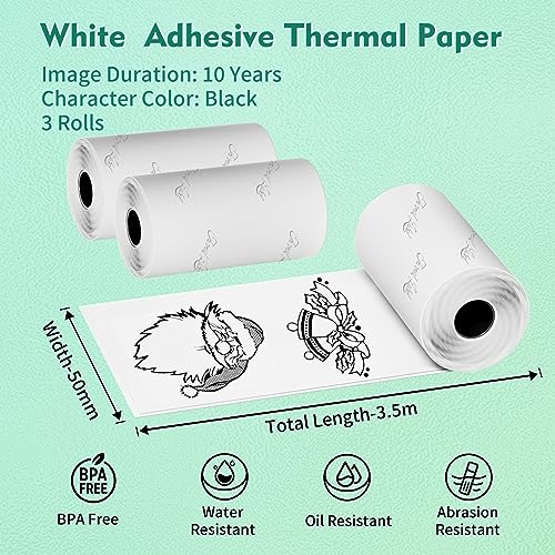 Image of Ponek Self-Adhesive Mini Printer Paper for M02 /T02 /M02 Pro /M02S /M03 /M03AS /M04S Mini Pocket Printer, Sticker Paper for Journal, Photo, Notes, Craft, Black on White, 3 Rolls Thermal Paper 53mm x 3.5m