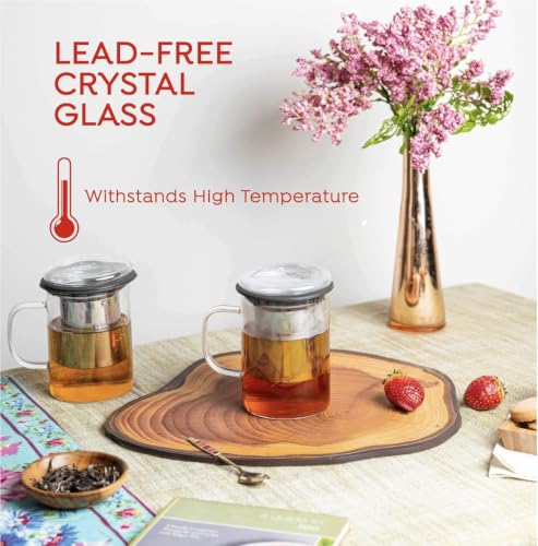 Image of Sipologie Inspire Tea Infuser Mug | Ideal for Brewing Loose-Leaf Tea | Premium Clear Crystal Glass Mug with Fine Mesh Stainless Steel Infuser and Dual-Purpose Glass Lid, 350ml
