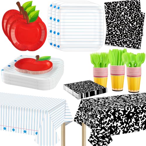 170 Pcs Back to School Party Supplies Tableware Set Red Apple Pencils Paper Plates Napkins Cups Composition Notebook Disposable Tablecloth for Preschool First Day of School Graduation Party, Serves 24