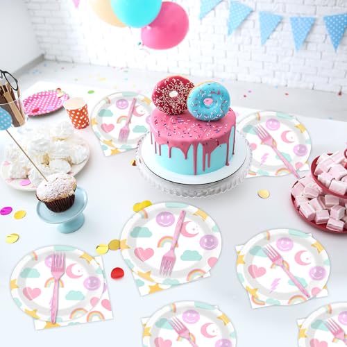 96Pcs Pastel Rainbow Party Plates and Napkins for Smlie Face Preppy Birthday Party Supplies Unicorn Themed Paper Dessert Plates Smile Tableware Set for Kids Boys 24 Guests Birthday Party Decorations - Thumbnail 6